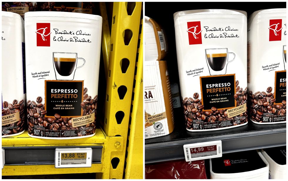 Caf\u00e9 Espresso Perfetto en grains le Choix du Pr\u00e9sident en vente chez Maxi. Droite : Caf\u00e9 Espresso Perfetto en grains le Choix du Pr\u00e9sident en vente chez Provigo.