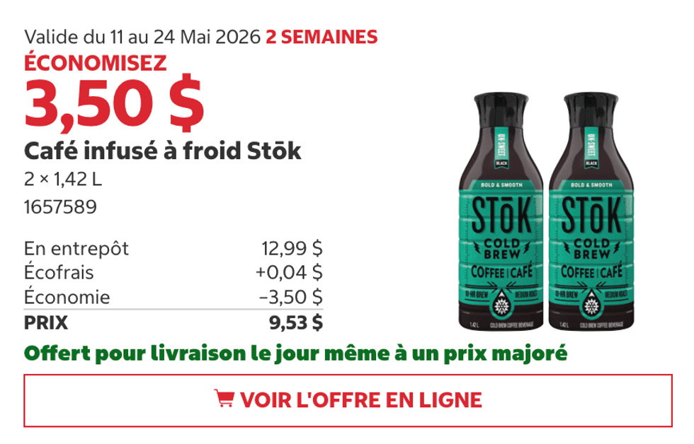 Caf\u00e9 infus\u00e9 \u00e0 froid St\u014dk (2 x 1,42 L) au Costco.