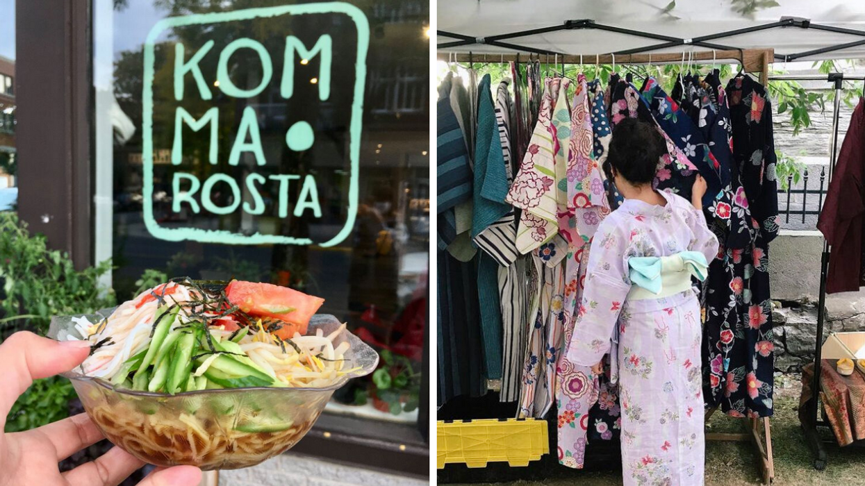 Café Komma Rosta. Droite : Femme devant kimonos.