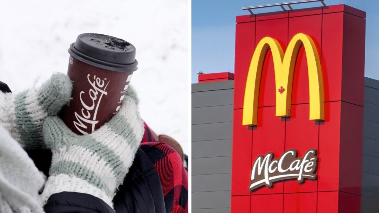 Café McDonald's dans des mains avec des mitaines. Droite : Succursale d'un McDonald's avec le logo McCafé.