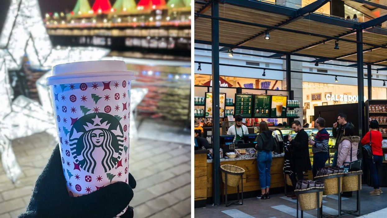 Café Starbucks. Droite : File d'attente au Starbucks.