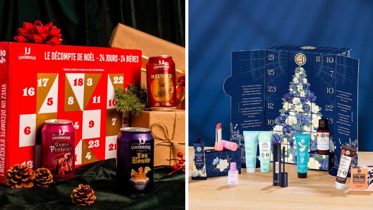 Caisse de l'avent d'Unibroue. Droite : Calendrier de l'avent d'Yves Rocher.