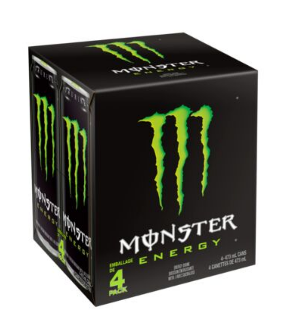 Caisse de quatre boissons \u00e9nergisantes Monster green de la marque Monster Energy.