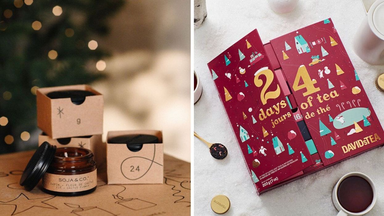 Calendrier de l'avent de bougies Soja&Co. Droite : Calendrier 24 jours de thé DAVIDsTEA.