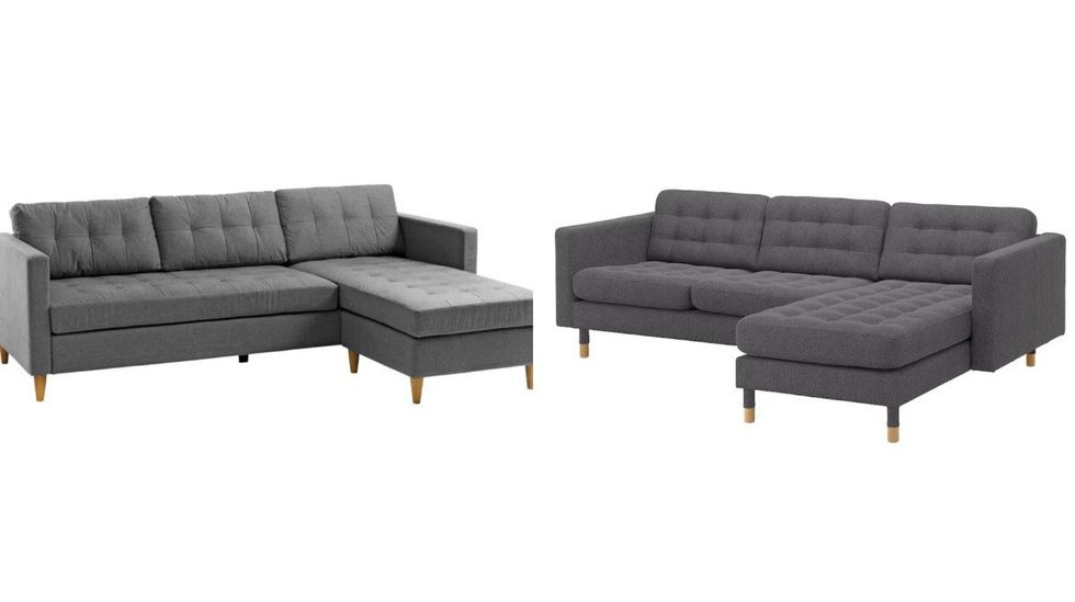 Canap\u00e9 sectionnel interchangeable LEVON chez Jysk. Droite : Canap\u00e9 sectionnel Morabo chez IKEA.