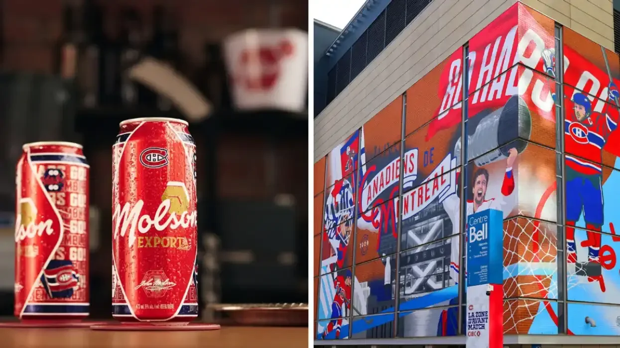 Canettes Molson Export édition Canadiens de Montréal. Droite: Murale des Canadiens de Montréal sur le Centre Bell.