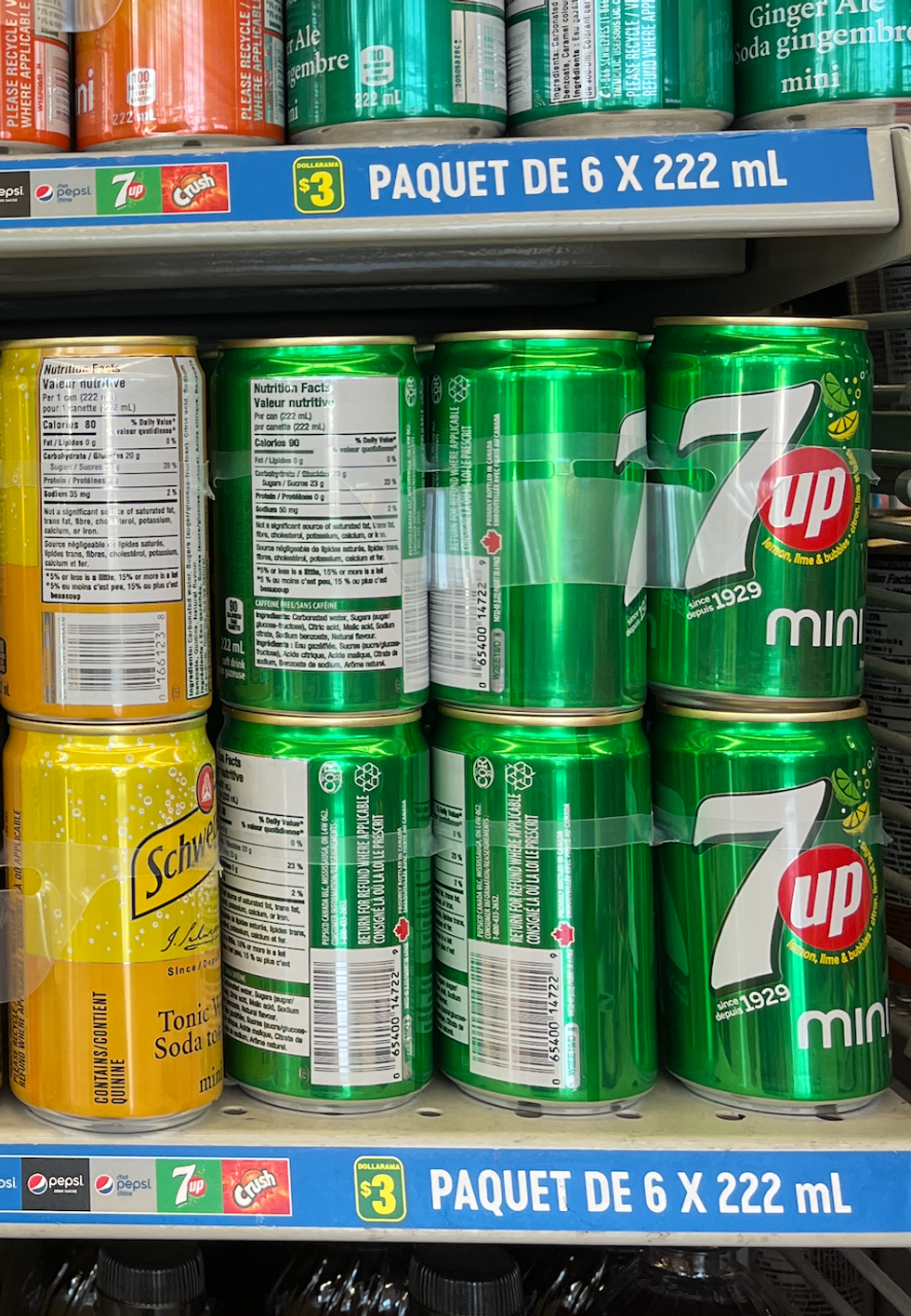 Cannettes de 7 UP au Dollarama.