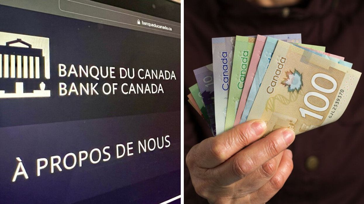 Capture d'écran du site Web de la Banque du Canada. Droite: des billets d'argent canadien sont tenus en éventail par une main.