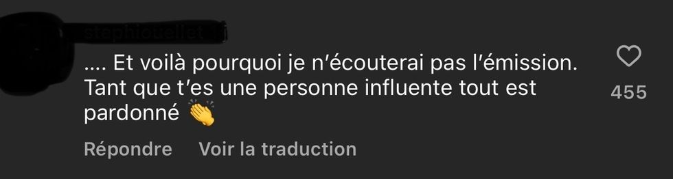 Capture d'\u00e9cran d'un commentaire sur les r\u00e9seaux sociaux.