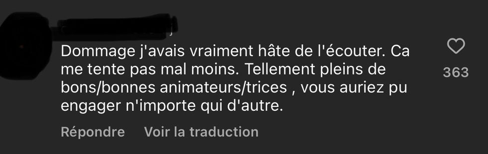 Capture d'\u00e9cran d'un commentaire sur les r\u00e9seaux sociaux.