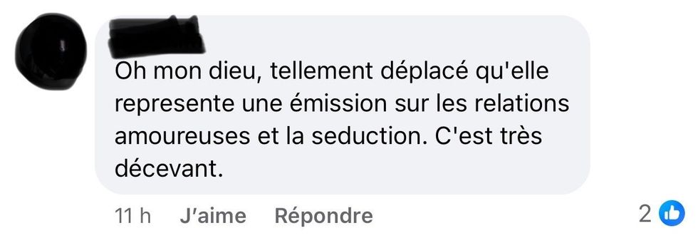 Capture d'\u00e9cran d'un commentaire sur les r\u00e9seaux sociaux.
