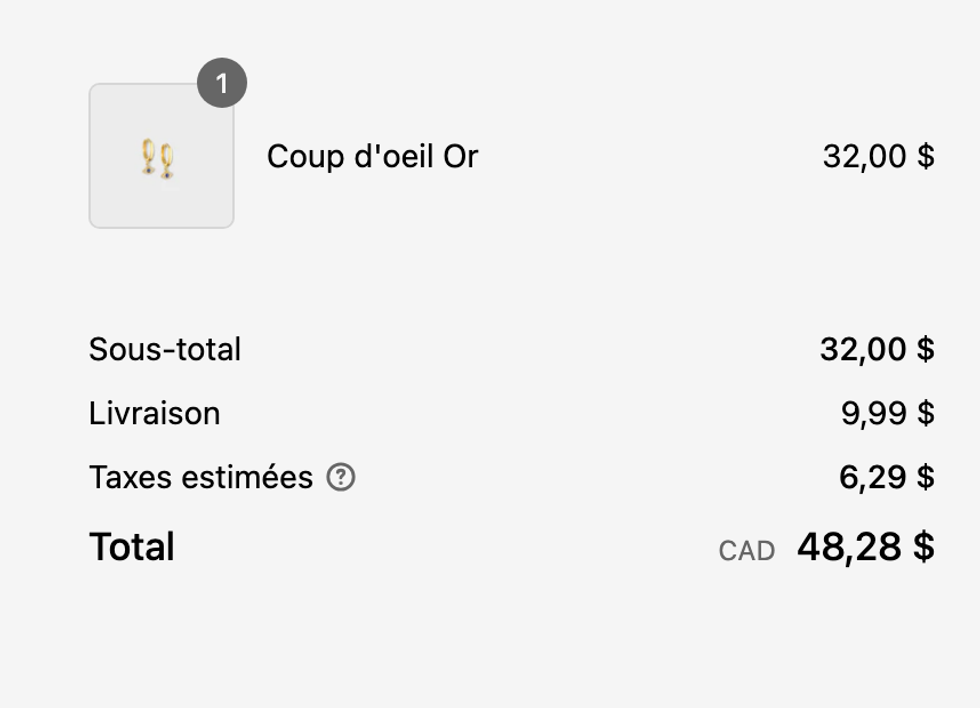 Capture d'\u00e9cran d'un panier d'achats sur le site de la Boutique OPA, o\u00f9 des boucles d'oreilles sont \u00e0 32 $ plus taxes plus la livraison.