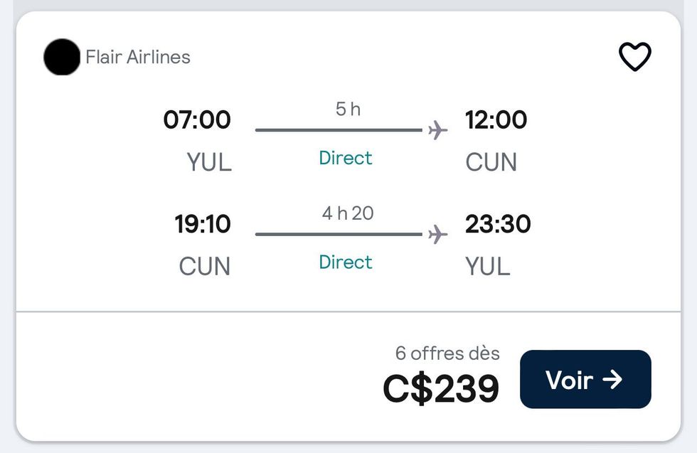 Capture d'\u00e9cran d'un trajet d'avion YUL-CUN sur le moteur de recherche de vols Skyscanner.