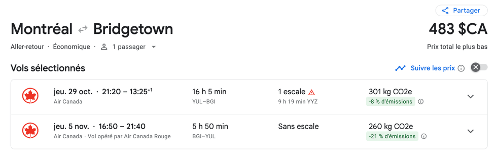 Capture d'\u00e9cran d'un vol Montr\u00e9al-Bridgetown \u00e0 483 $ par la compagnie Air Canada du 29 octobre au 5 novembre.