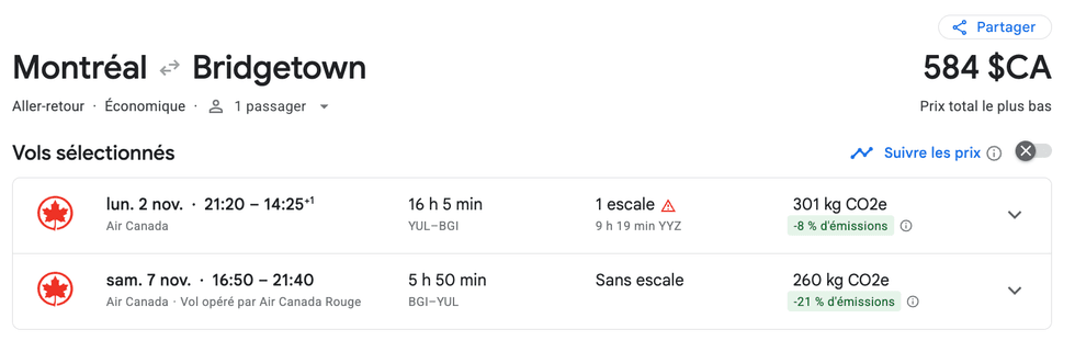 Capture d'\u00e9cran d'un vol Montr\u00e9al-Bridgetown \u00e0 584 $ par la compagnie Air Canada du 2 au 7 novembre 2026.