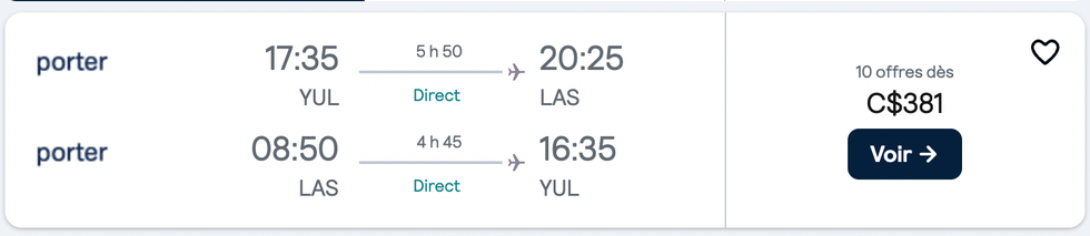 Capture d'\u00e9cran d'une offre de vols Montr\u00e9al-Las Vegas sur Skyscanner.