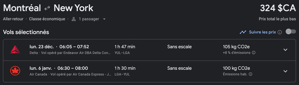 Capture d'\u00e9cran d'une offre de vols Montr\u00e9al-New York sur Google Flights.