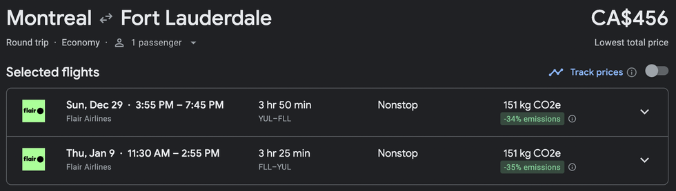 Capture d'\u00e9cran d'une offre de vols Montr\u00e9al-New York sur Google Flights.