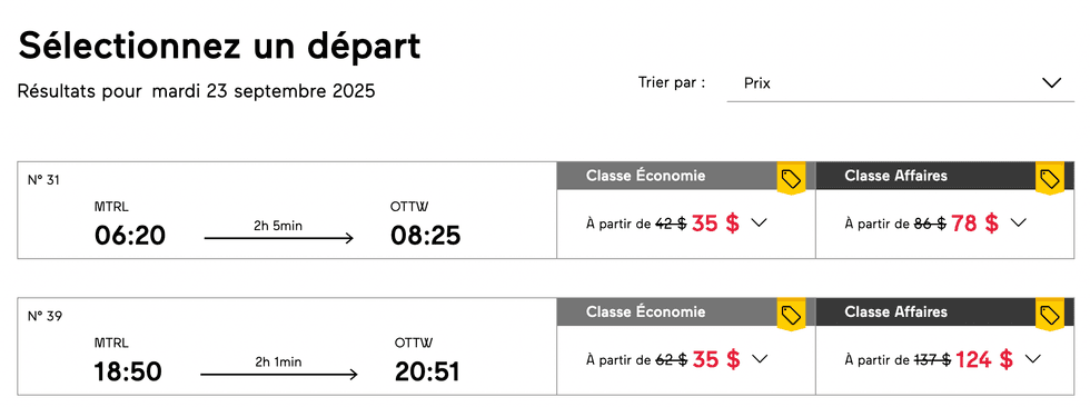Capture d'\u00e9cran de la grille de prix VIA Rail.