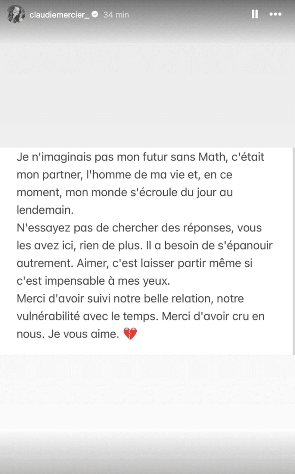 Capture d'\u00e9cran de la story de Claudie Mercier qui annonce sa s\u00e9paration avec Mathieu Pellerin.