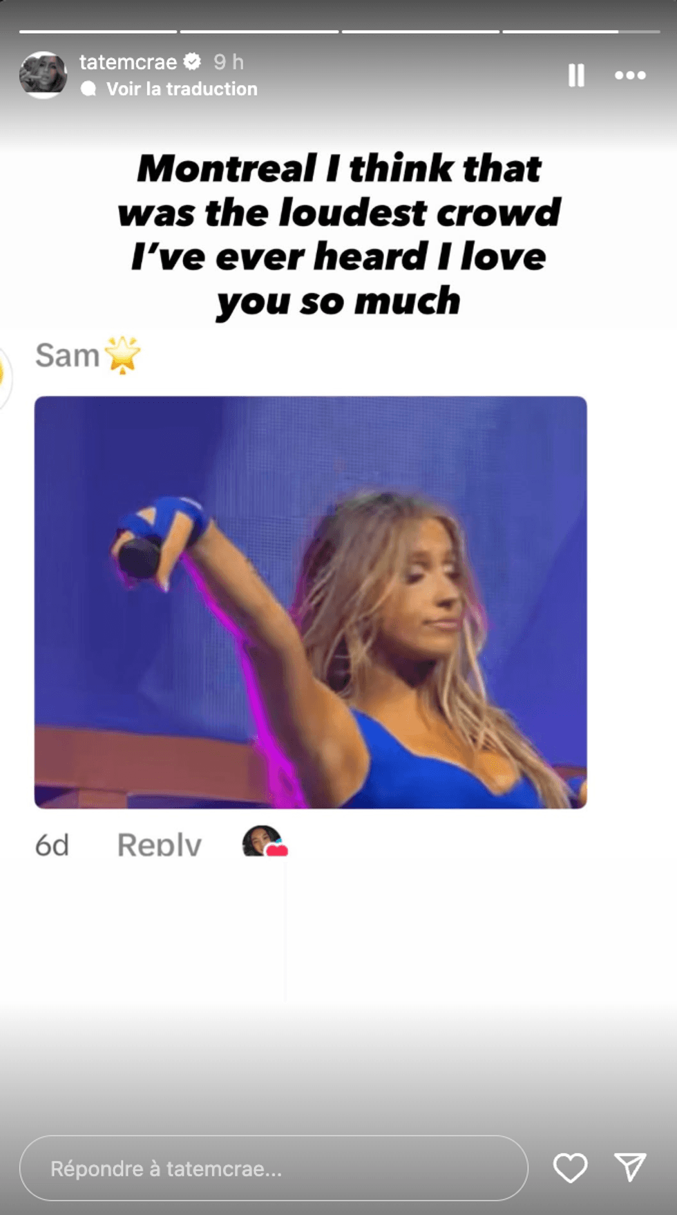 Capture d'\u00e9cran de la story Instagram de Tate McRae.