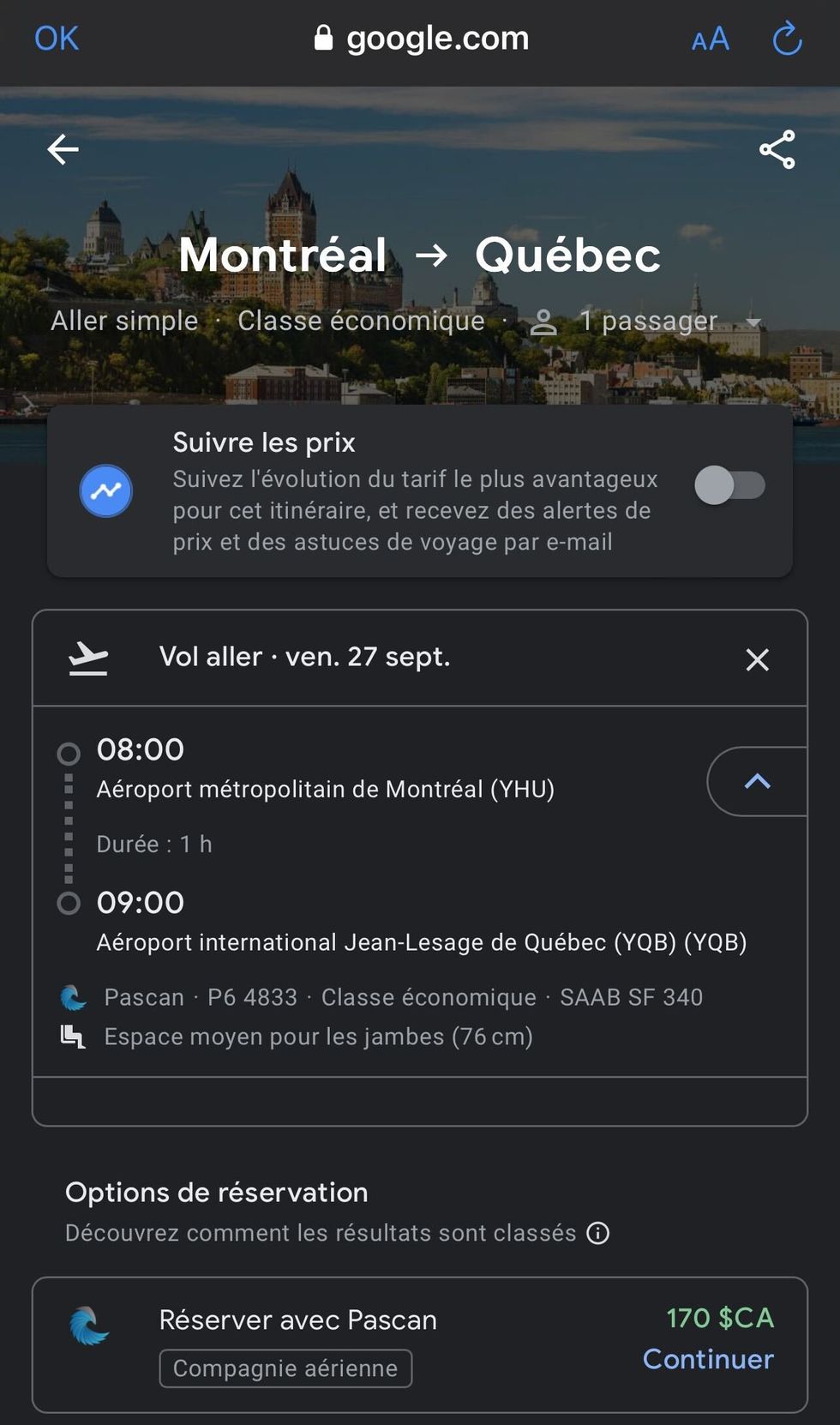 Capture d'\u00e9cran des billets d'avion Montr\u00e9al-Qu\u00e9bec avec Pascan.