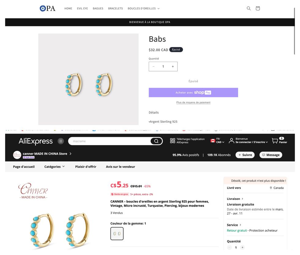 Capture d'\u00e9cran des boucles d'oreilles \u00ab Babs \u00bb en vente sur le site de OPA. Bas : Capture d'\u00e9cran des boucles d'oreilles CANNER en vente sur le site d'AliExpress.