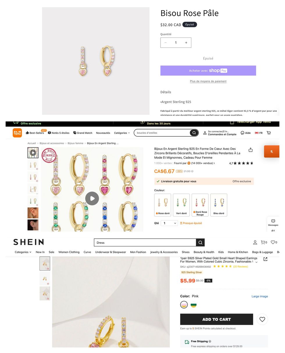 Capture d'\u00e9cran des boucles d'oreilles \u00ab Bisou rose p\u00e2le \u00bb en vente sur le site de OPA. Bas : Capture d'\u00e9cran des boucles d'oreilles en vente sur le site de TEMU et d'AliExpress.