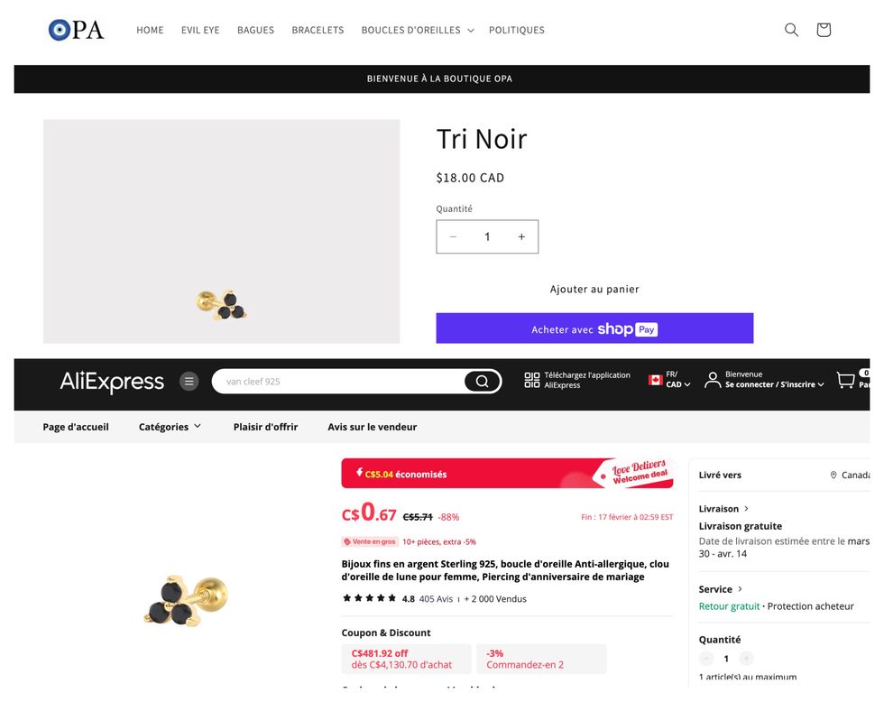 Capture d'\u00e9cran des boucles d'oreilles \u00ab Tri Noir \u00bb en vente sur le site de OPA. Bas : Capture d'\u00e9cran des boucles d'oreilles CANNER en vente sur le site d'AliExpress.