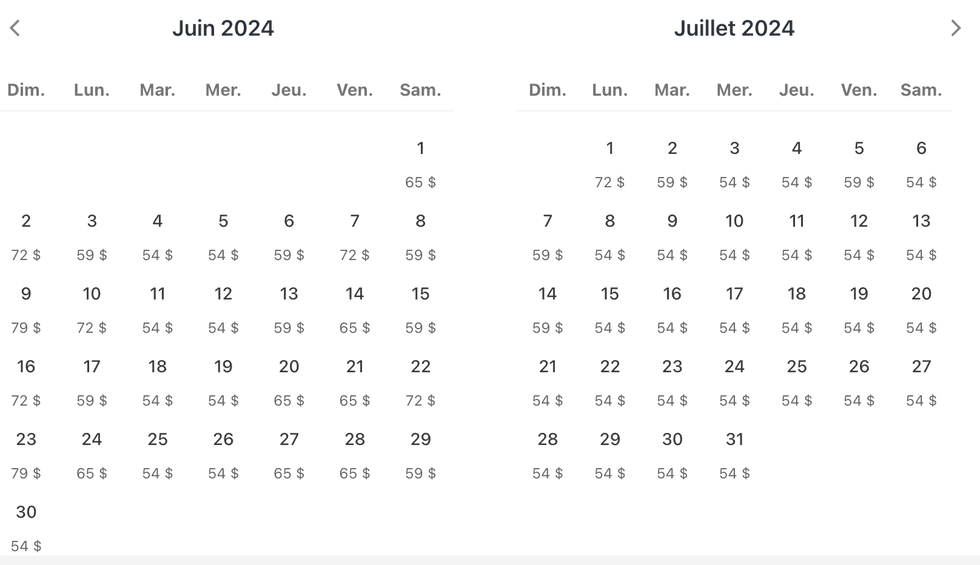 Capture d'\u00e9cran du calendrier VIA Rail qui permet de voir quels jours offrent le tarif de base le moins cher pour le trajet de train Montr\u00e9al-Toronto.