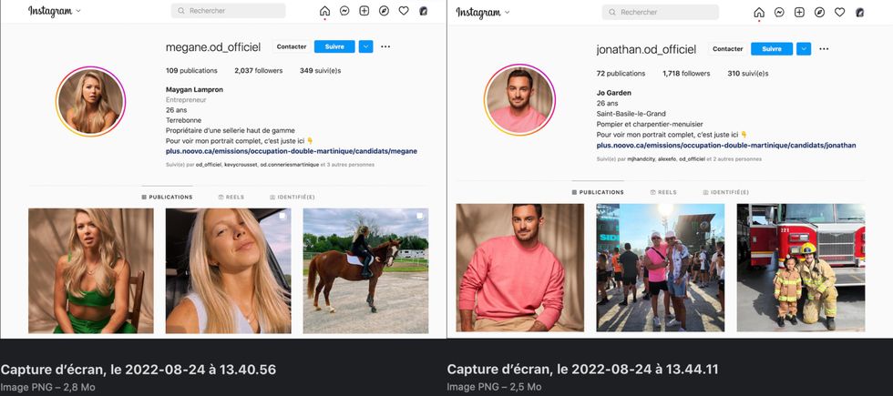 Capture d'\u00e9cran du profil de M\u00e9gane d'OD. Droite : Capture d'\u00e9cran du profil de Jonathan d'OD.
