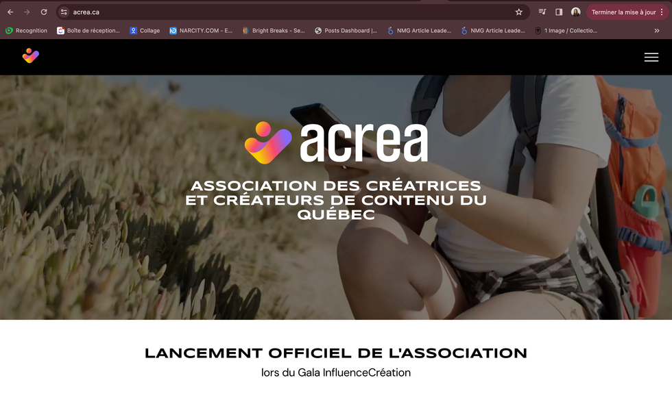 Capture d'\u00e9cran du site de l'Association des cr\u00e9atrices et cr\u00e9ateurs du Qu\u00e9bec (ACREA)