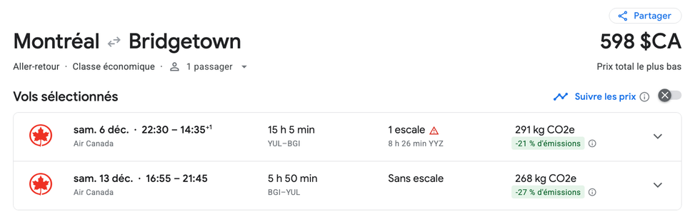 Capture d'\u00e9cran du vol vers Bridgetown, du 6 au 13 d\u00e9cembre, pour 598\u202f$.