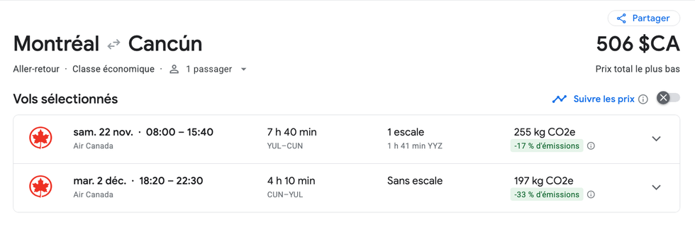 Capture d'\u00e9cran du vol vers Canc\u00fan, du 22 novembre au 2 d\u00e9cembre, pour 506\u202f$.