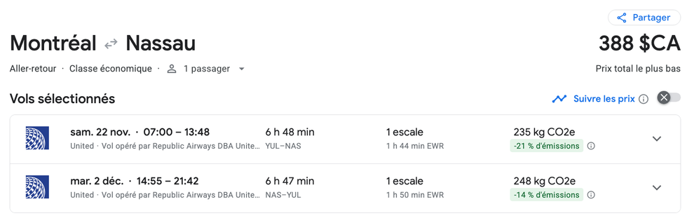 Capture d'\u00e9cran du vol vers Nassau, du 22 novembre au 2 d\u00e9cembre, pour 388\u202f$.