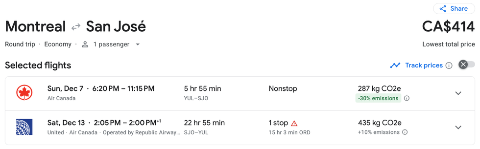 Capture d'\u00e9cran du vol vers San Jos\u00e9, du 7 au 13 d\u00e9cembre, pour 414\u202f$.