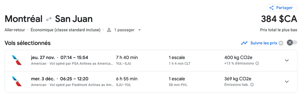 Capture d'\u00e9cran du vol vers San Juan, du 27 novembre au 3 d\u00e9cembre, pour 384\u202f$.
