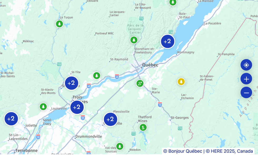 Capture de l'\u00e9cran de la carte interactive de Bonjour Qu\u00e9bec.