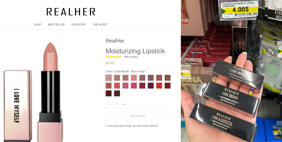 Capture du site officiel de RealHer. Droite : Une main tient les trois rouges \u00e0 l\u00e8vres.