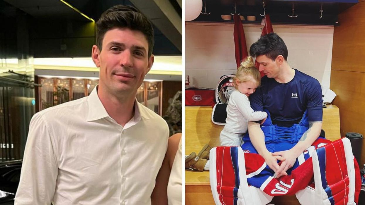 Carey Price. Droite : Carey Price et sa fille dans le vestiaire des Canadiens de Montréal.