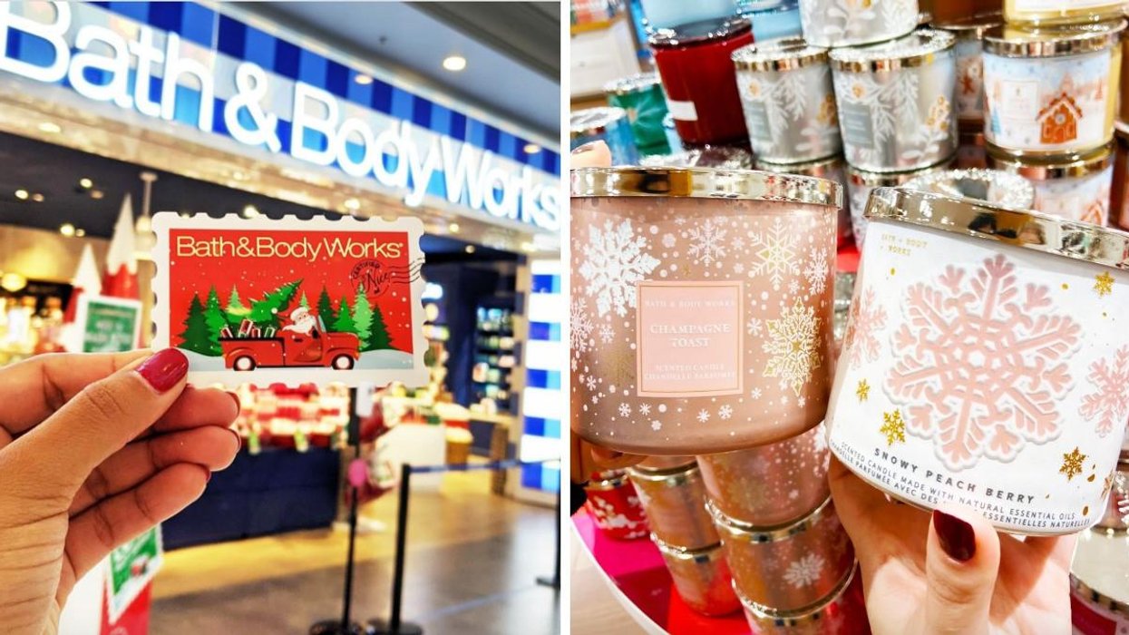 Carte Bath & Body Works devant une boutique. Droite : Chandelles de Noël Bath & Body Works.