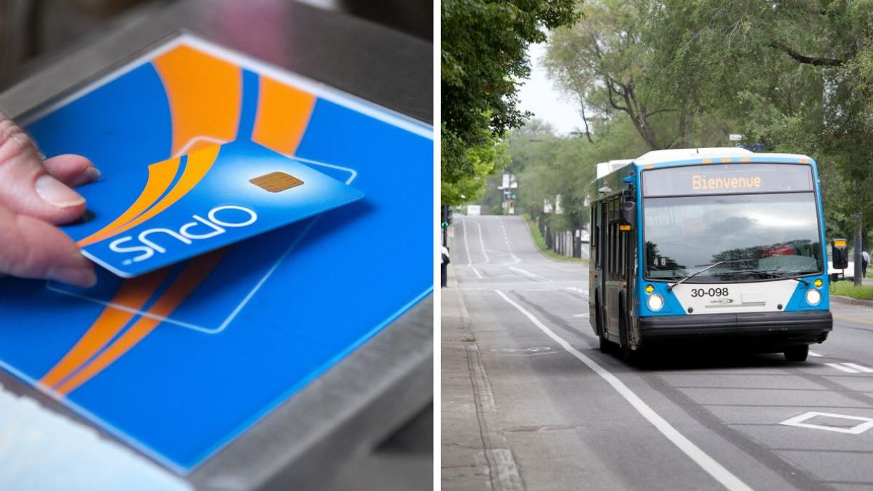 Carte Opus de la STM. Droite : Autobus de la STM.