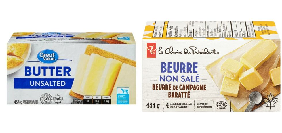 carton de beurre sans sel Great value sur fond blanc droite carton de beurre sans sel le Choix du Pr\u00e9sident sur fond blanc