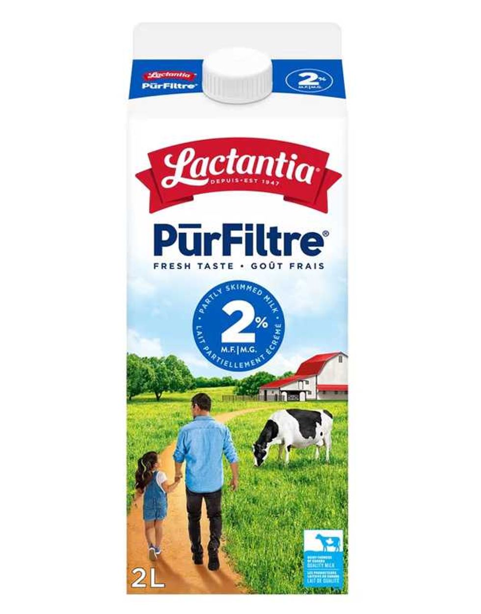 Carton de deux litres de lait de marque Lactantia sur fond blanc.