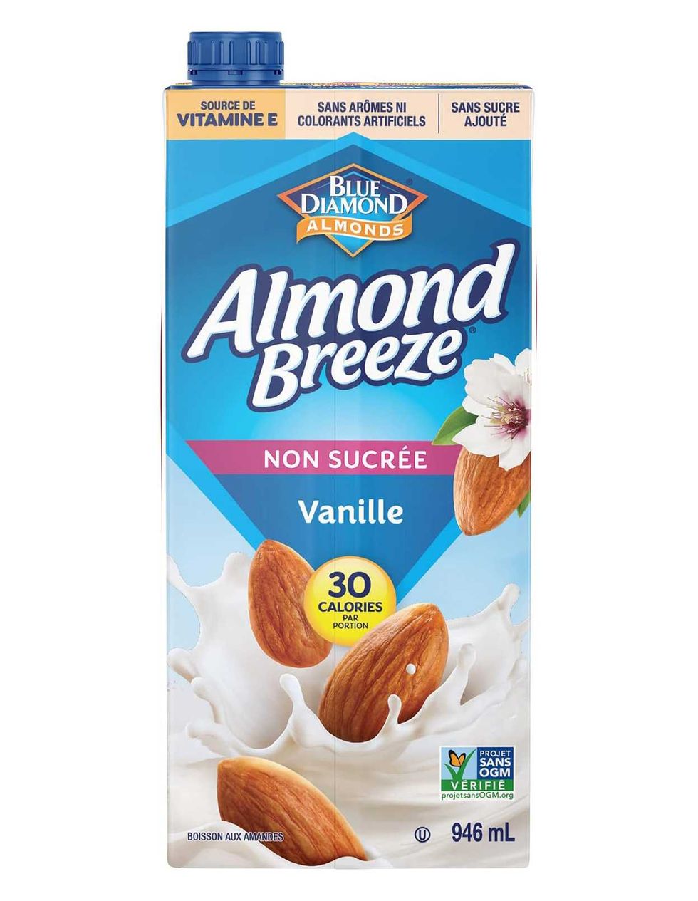 Carton de lait d'amande non sucr\u00e9 \u00e0 la vanille, format de 946 ml.