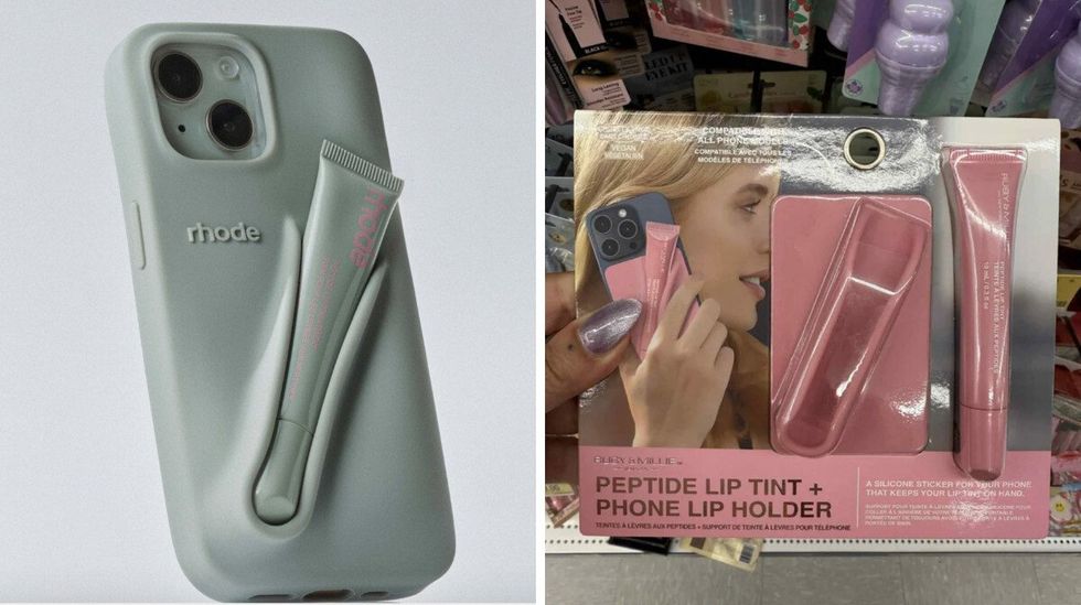 Case de t\u00e9l\u00e9phone Rhode. Droite : Baume \u00e0 l\u00e8vres teint\u00e9 et support \u00e0 baume \u00e0 l\u00e8vres pour le t\u00e9l\u00e9phone en vente au Tigre G\u00e9ant pour 10 $.