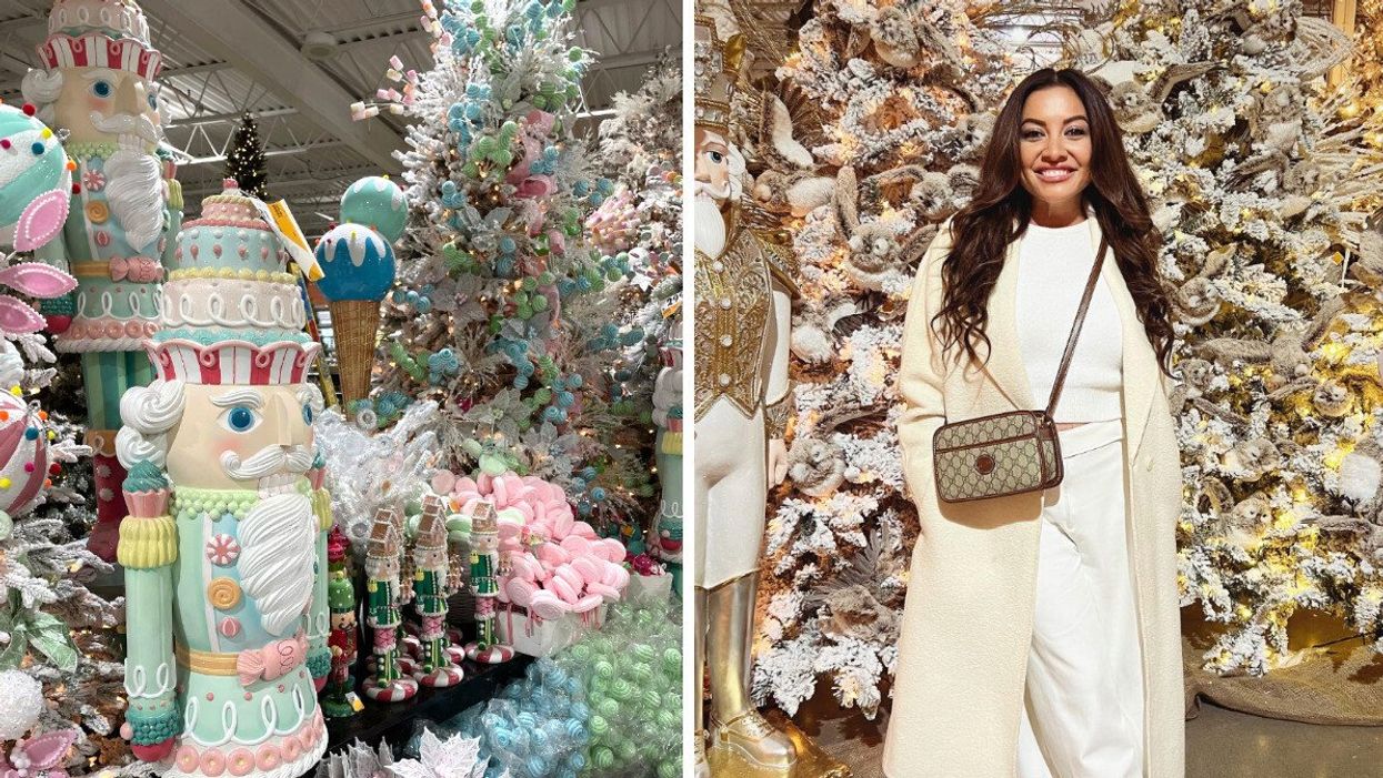 Casse-noisette avec des décorations de toutes les couleurs au Centre de Jardin Floréal à Laval. Droite : Femme posant devant des sapins dorés et illuminés.