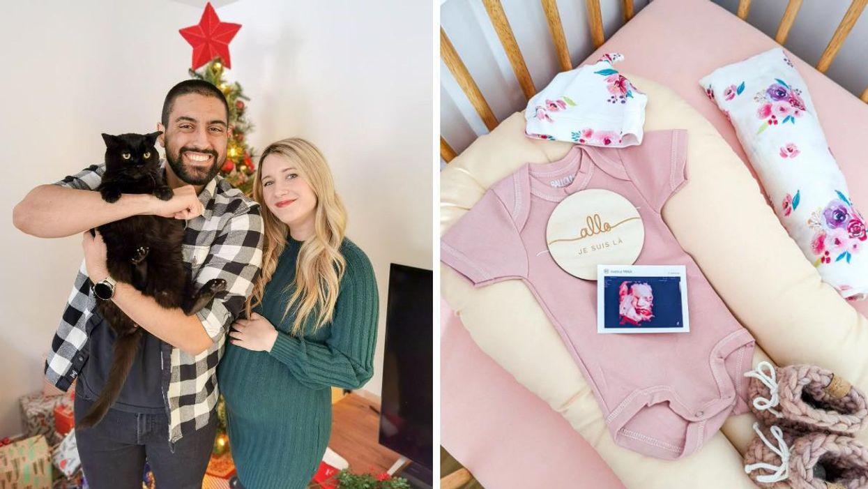 Catherine Francoeur et Jay Machalani avec leur chat. Droite: Vêtements pour bébés dans un lit de bébé.
