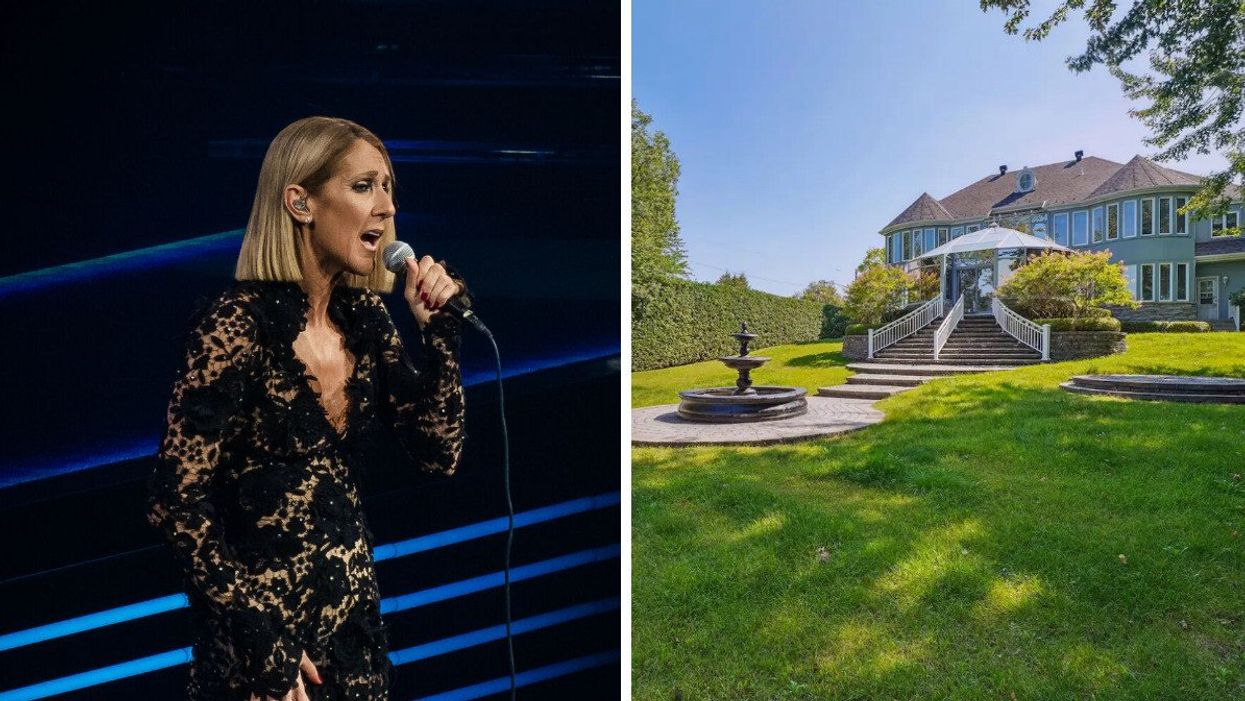 Céline Dion en spectacle. Droite : L'ancienne propriété de Céline Dion à louer sur Airbnb.