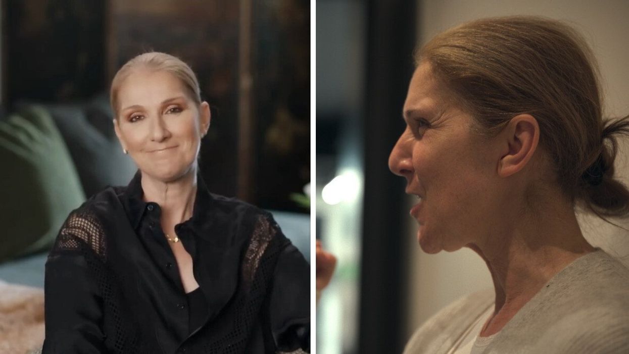 Céline Dion qui sourie avec compassion. Droite : Céline Dion qui crie avec émotion.